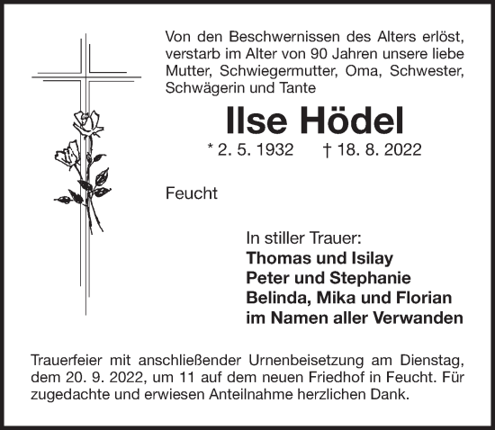 Traueranzeige von Ilse Hödel von Der Bote