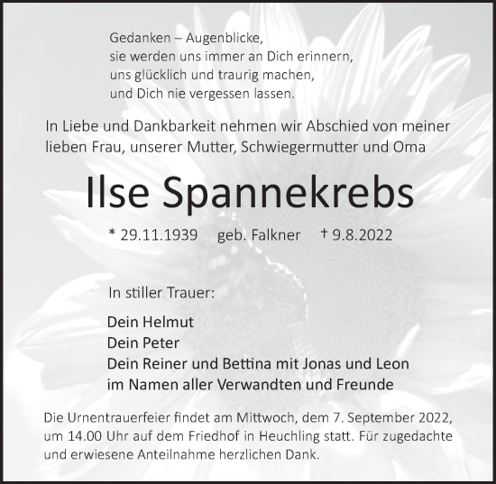 Traueranzeige von Ilse Spannekrebs von Pegnitz-Zeitung