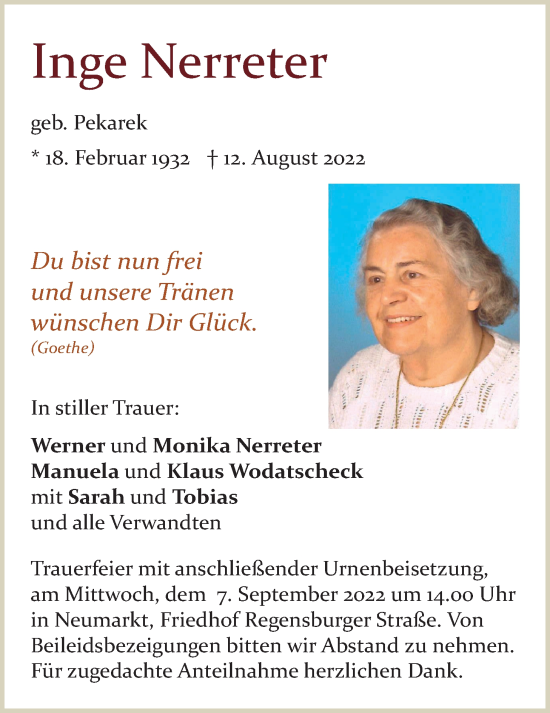 Traueranzeige von Inge Nerreter von Der Bote