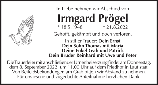 Traueranzeige von Irmgard Prögel von Pegnitz-Zeitung