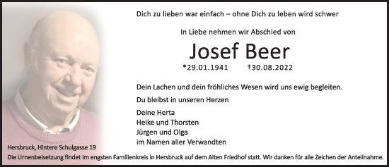 Traueranzeige von Josef Beer von Hersbrucker Zeitung Lokal