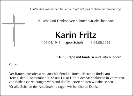 Traueranzeige von Karin Fritz von Hersbrucker Zeitung Lokal