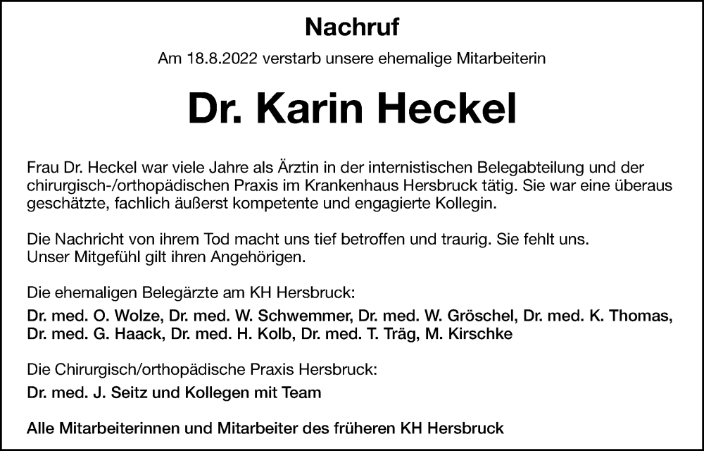  Traueranzeige für Karin Heckel vom 24.09.2022 aus Hersbrucker Zeitung Lokal
