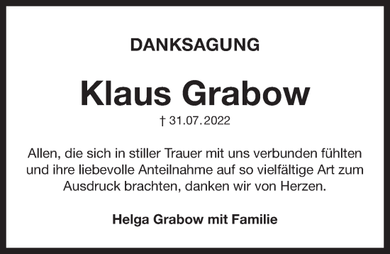Traueranzeige von Klaus Grabow von Pegnitz-Zeitung