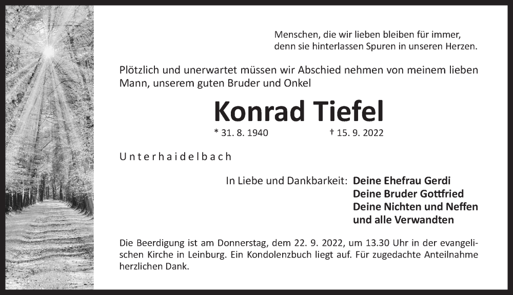  Traueranzeige für Konrad Tiefel vom 21.09.2022 aus Der Bote