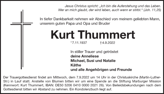 Traueranzeige von Kurt Thummert von Pegnitz-Zeitung