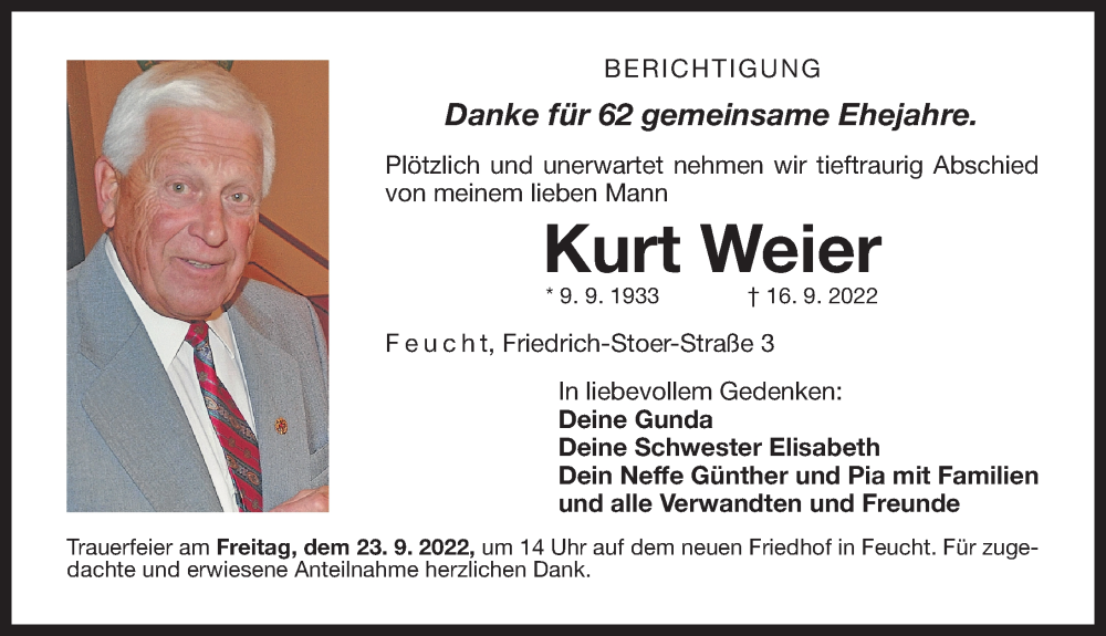  Traueranzeige für Kurt Weier vom 22.09.2022 aus Der Bote