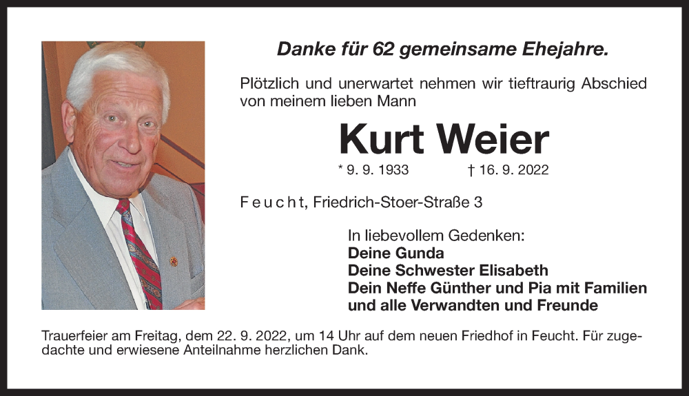  Traueranzeige für Kurt Weier vom 21.09.2022 aus Der Bote