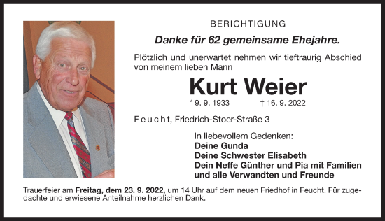 Traueranzeige von Kurt Weier von Der Bote