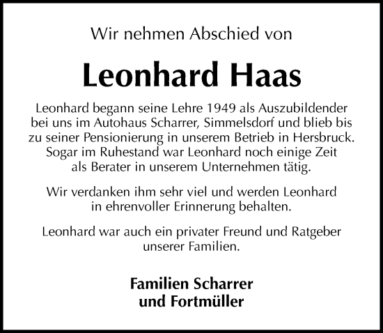 Traueranzeige von Leonhard Haas von Hersbrucker Zeitung Lokal