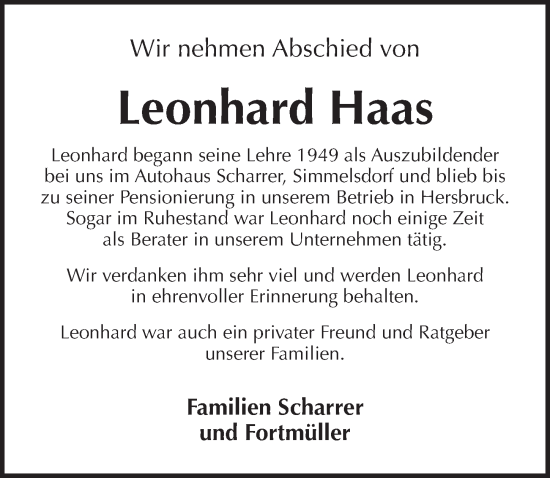 Traueranzeige von Leonhard Haas von Pegnitz-Zeitung