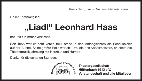 Traueranzeige von Leonhard Haas von Pegnitz-Zeitung