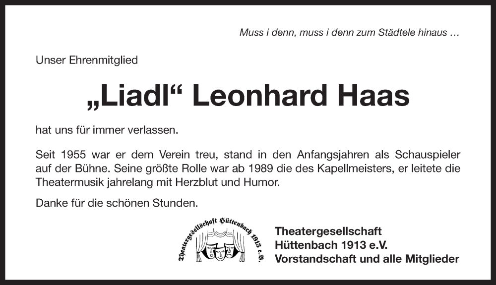  Traueranzeige für Leonhard Haas vom 17.09.2022 aus Pegnitz-Zeitung