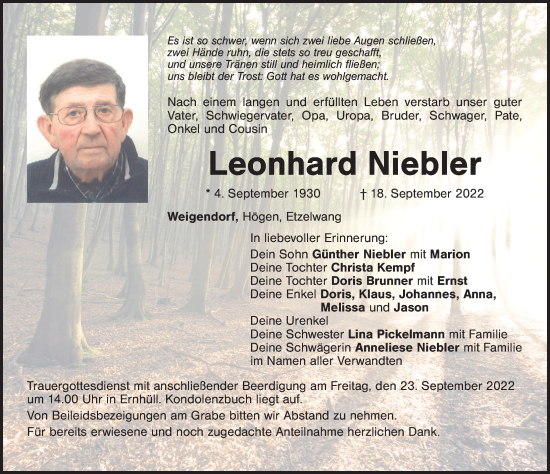 Traueranzeige von Leonhard Niebler von Hersbrucker Zeitung Lokal