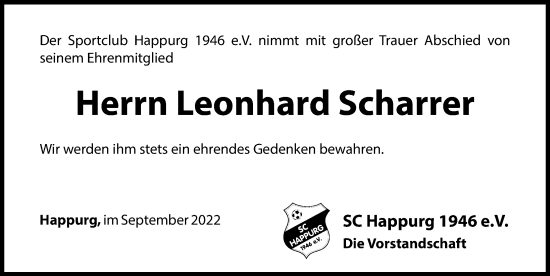 Traueranzeige von Leonhard Scharrer von Hersbrucker Zeitung Lokal