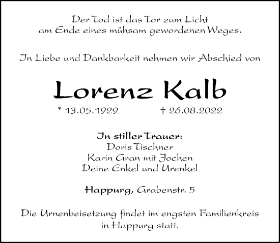 Traueranzeige von Lorenz Kalb von Hersbrucker Zeitung Lokal