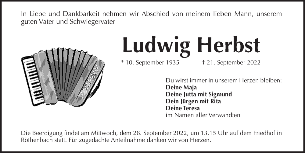  Traueranzeige für Ludwig Herbst vom 24.09.2022 aus Pegnitz-Zeitung