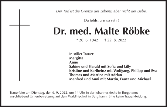 Traueranzeige von Malte Röbke von Der Bote