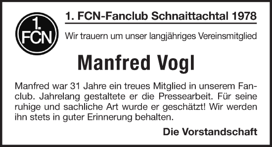 Traueranzeige von Manfred Vogl von Pegnitz-Zeitung