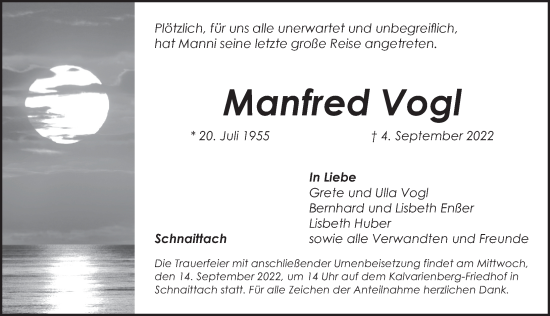 Traueranzeige von Manfred Vogl von Pegnitz-Zeitung