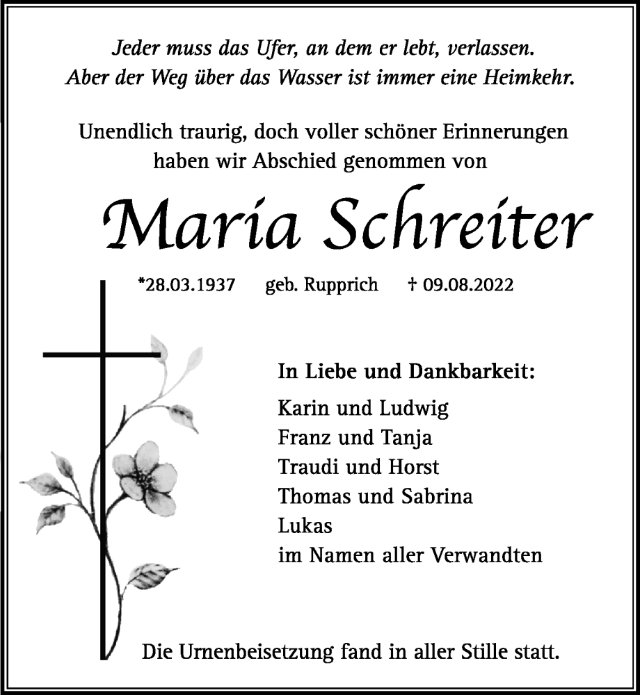  Traueranzeige für Maria Schreiter vom 17.09.2022 aus Hersbrucker Zeitung Lokal