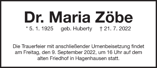 Traueranzeige von Maria Zöbe von Der Bote