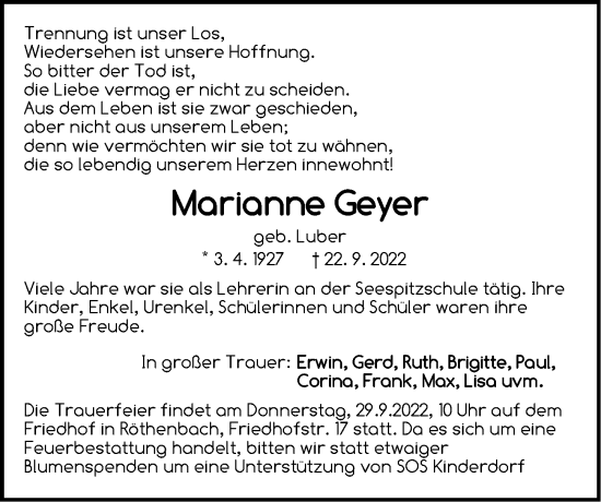 Traueranzeige von Marianne Geyer von Pegnitz-Zeitung