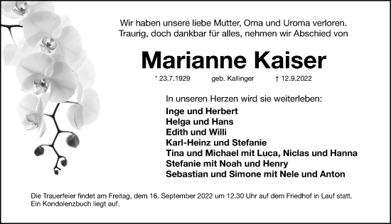 Traueranzeige von Marianne Kaiser von Pegnitz-Zeitung
