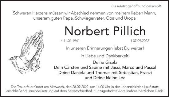 Traueranzeige von Norbert Pillich von Pegnitz-Zeitung