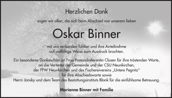 Traueranzeige von Oskar Binner von Pegnitz-Zeitung