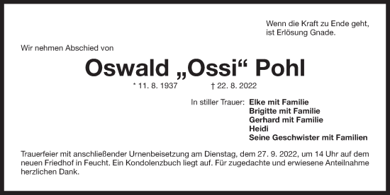 Traueranzeige von Oswald Pohl von Der Bote