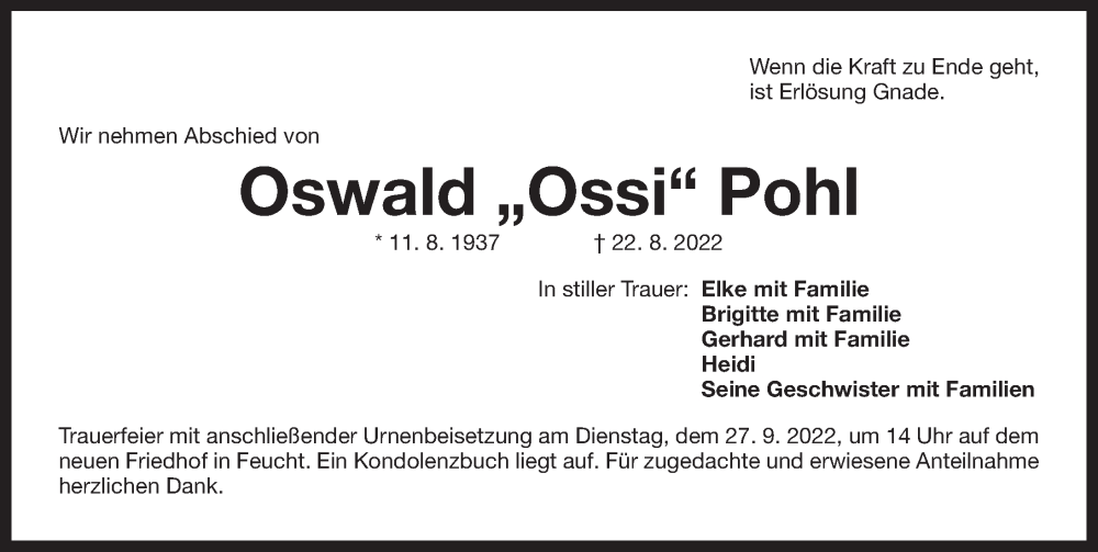  Traueranzeige für Oswald Pohl vom 24.09.2022 aus Der Bote