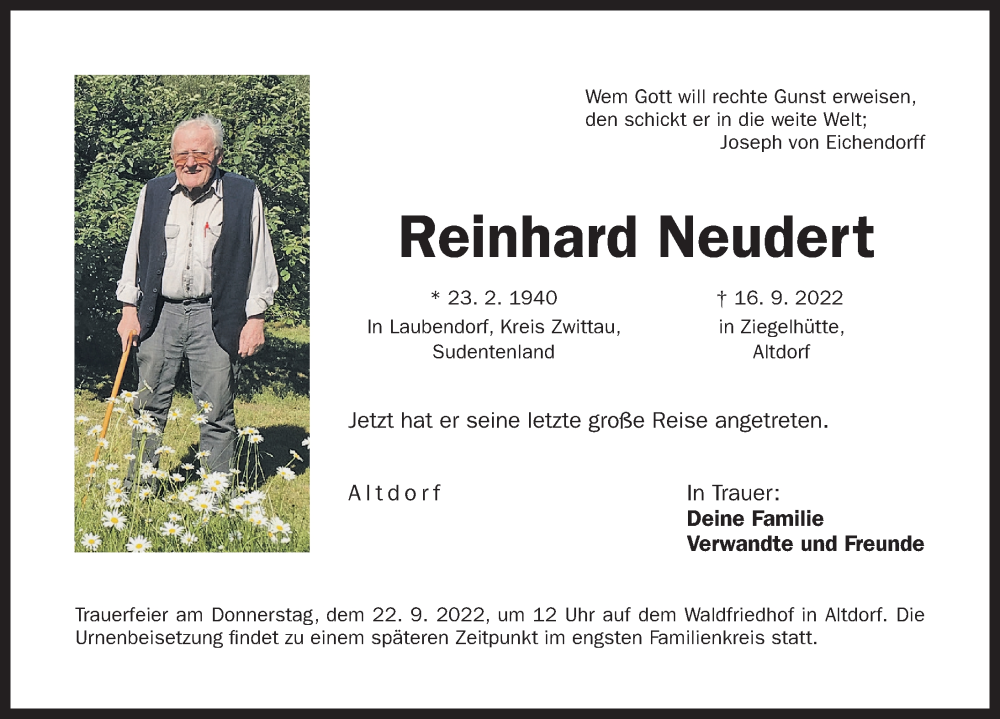  Traueranzeige für Reinhard Neudert vom 19.09.2022 aus Der Bote