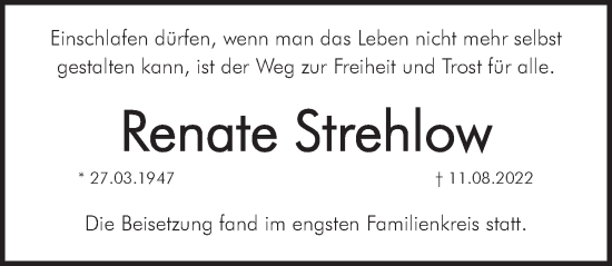 Traueranzeige von Renate Strehlow von Pegnitz-Zeitung