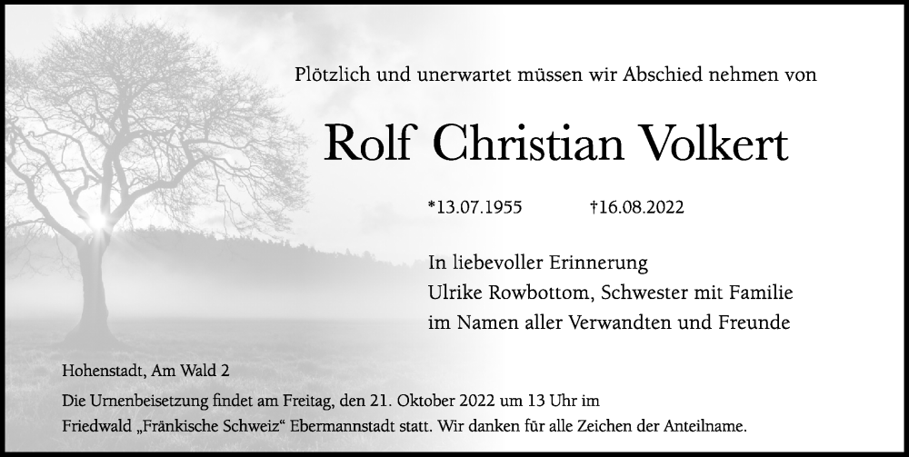  Traueranzeige für Rolf Christian Volkert vom 17.09.2022 aus Hersbrucker Zeitung Lokal