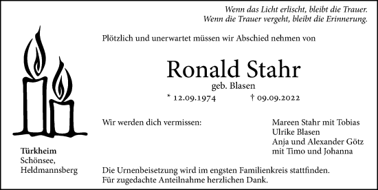 Traueranzeige von Ronald Stahr von Hersbrucker Zeitung Lokal