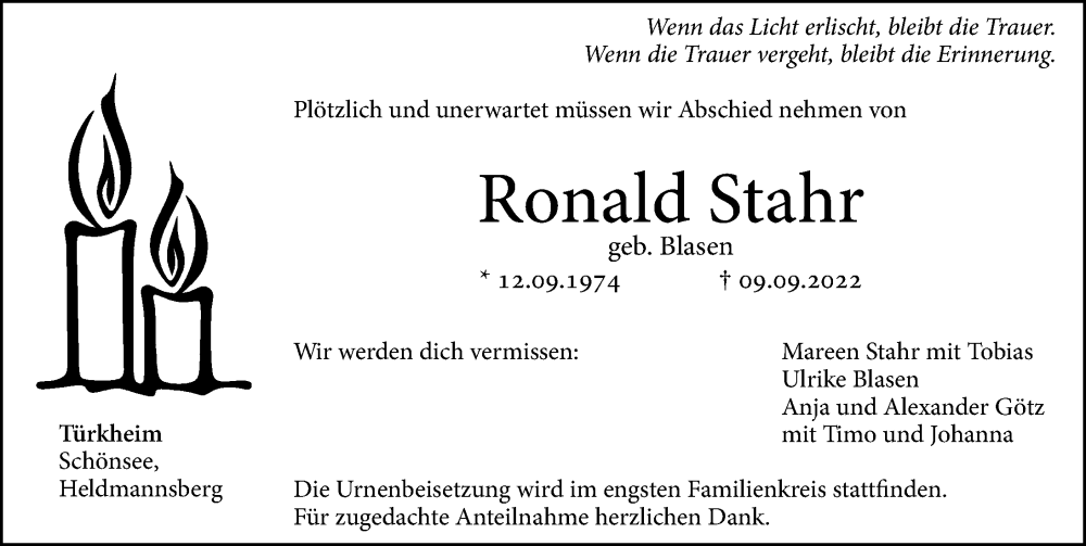  Traueranzeige für Ronald Stahr vom 21.09.2022 aus Hersbrucker Zeitung Lokal