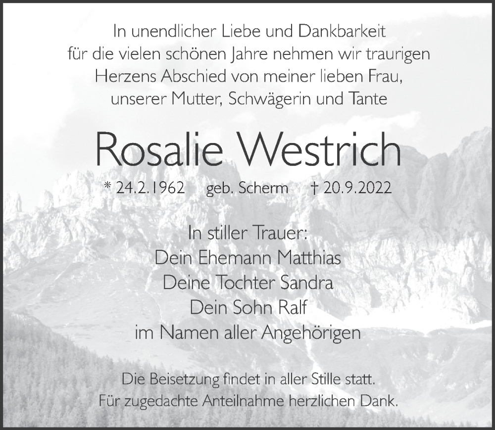  Traueranzeige für Rosalie Westrich vom 24.09.2022 aus Pegnitz-Zeitung