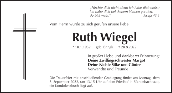 Traueranzeige von Ruth Wiegel von Pegnitz-Zeitung