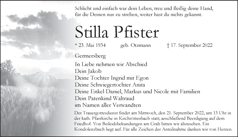  Traueranzeige für Stilla Pfister vom 20.09.2022 aus Pegnitz-Zeitung