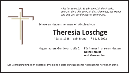Traueranzeige von Theresia Loschge von Der Bote