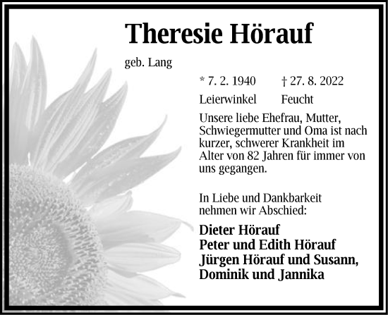 Traueranzeige von Theresie Hörauf von Der Bote