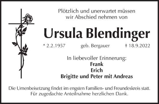 Traueranzeige von Ursula Blendfinger von Pegnitz-Zeitung