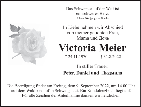Traueranzeige von Victoria Meier von Pegnitz-Zeitung