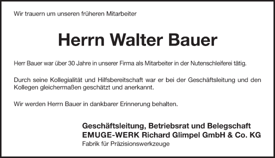 Traueranzeige von Walter Bauer von Pegnitz-Zeitung