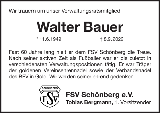 Traueranzeige von Walter Bauer von Pegnitz-Zeitung