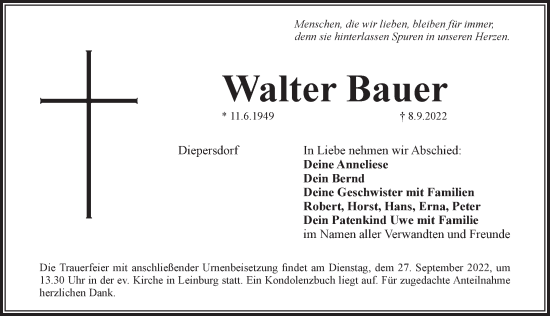 Traueranzeige von Walter Bauer von Pegnitz-Zeitung