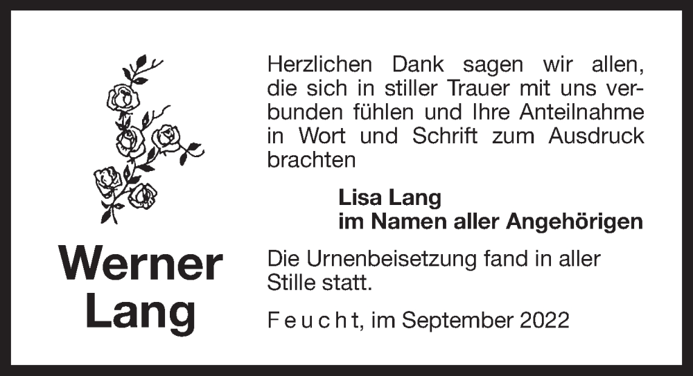  Traueranzeige für Werner Lang vom 24.09.2022 aus Der Bote