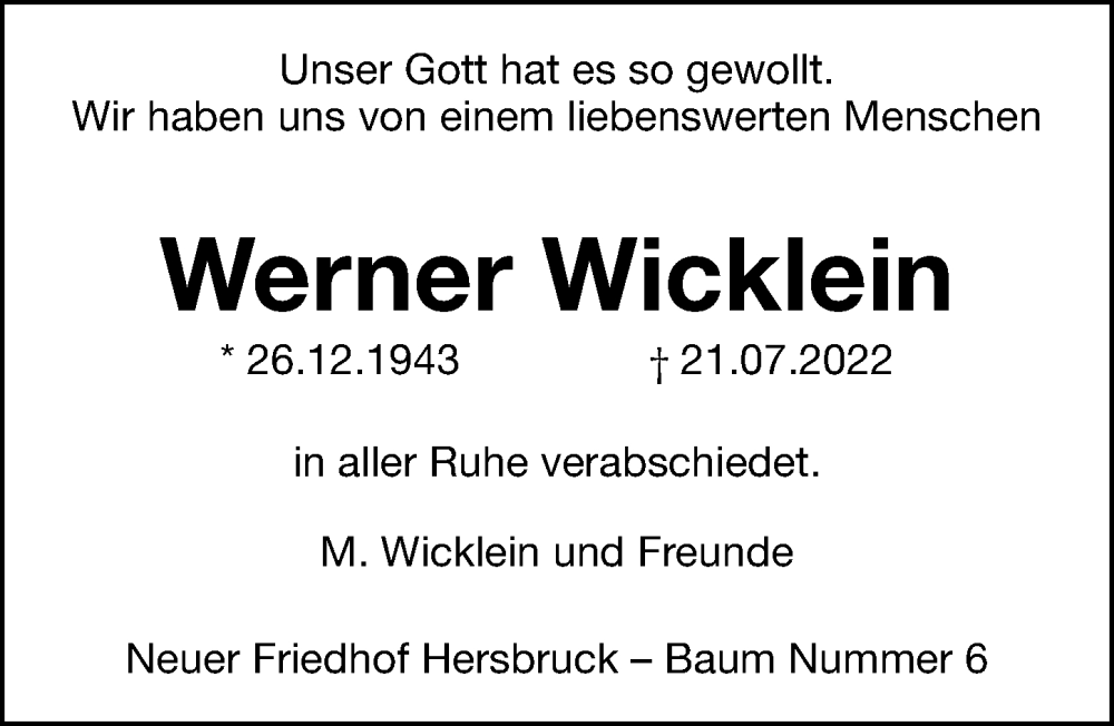  Traueranzeige für Werner Wicklein vom 21.09.2022 aus Hersbrucker Zeitung Lokal