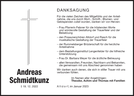 Traueranzeige von Andreas Schmidtkunz von Der Bote